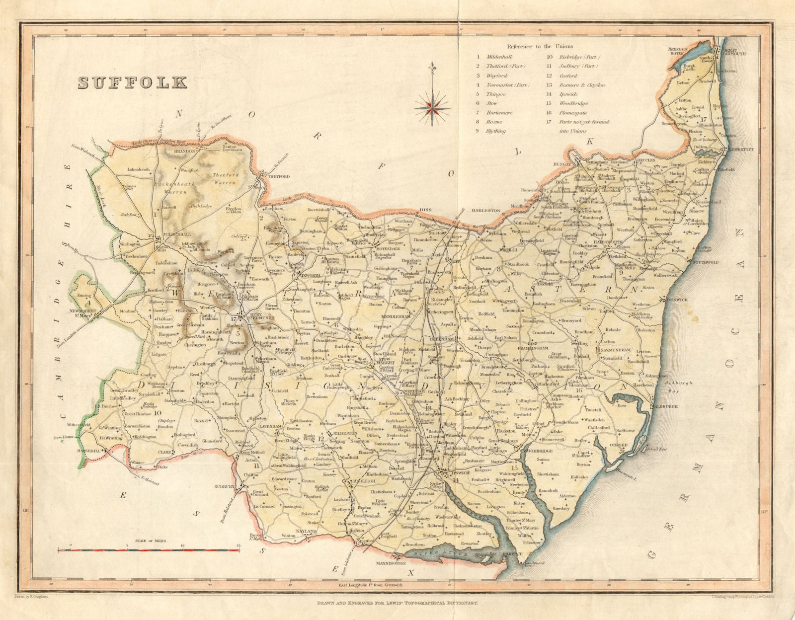 Antique county map of SUFFOLK by Creighton & Starling for Lewis c1840 old